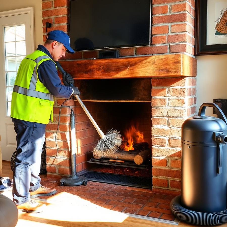 Technician cleaning a fireplace with a brush and vacuum