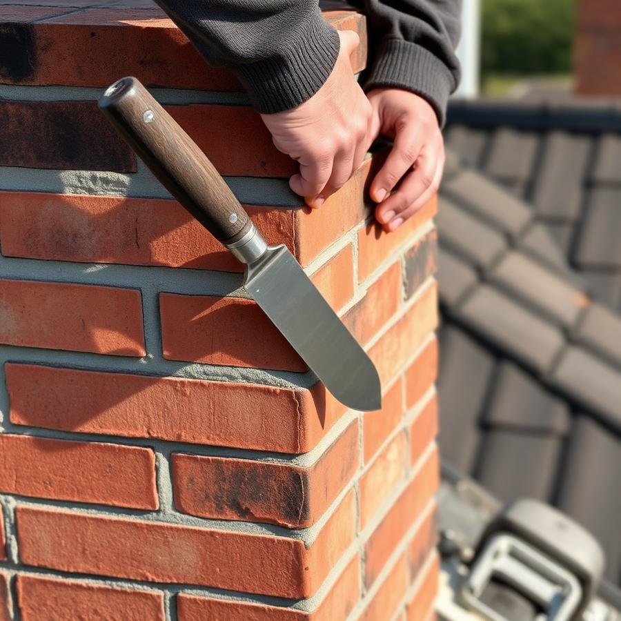 Mason repairing mortar joints on a brick chimney