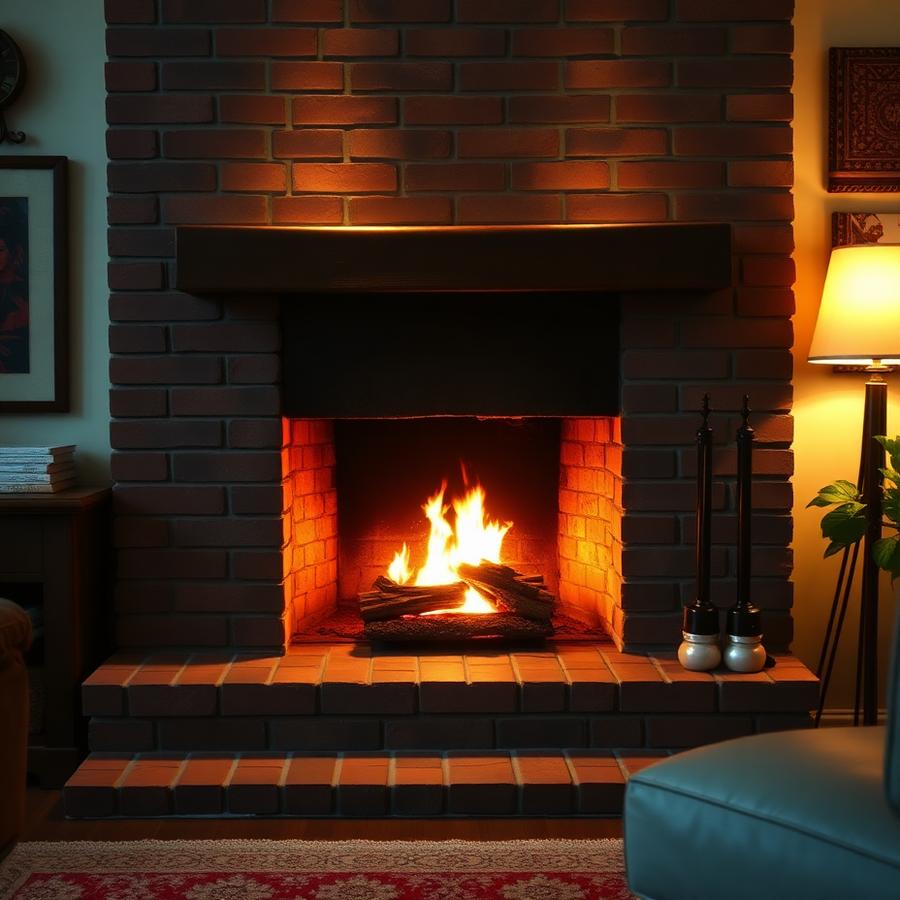 Clean brick fireplace burning safely after service
