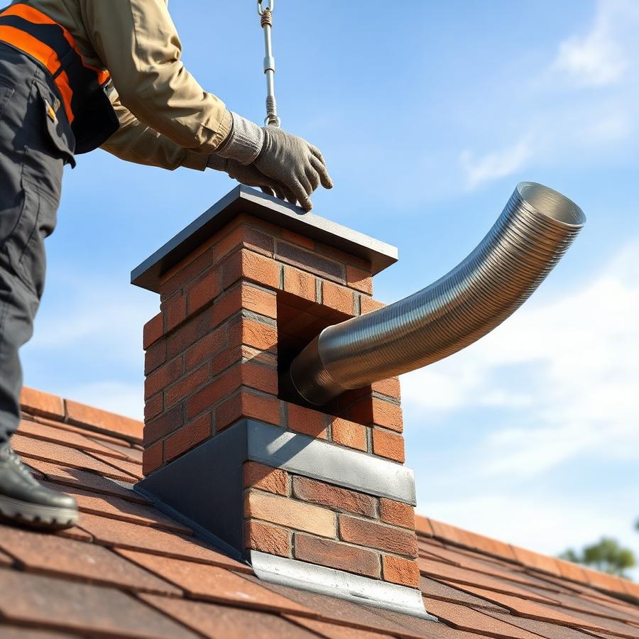 Stainless steel chimney liner being installed
