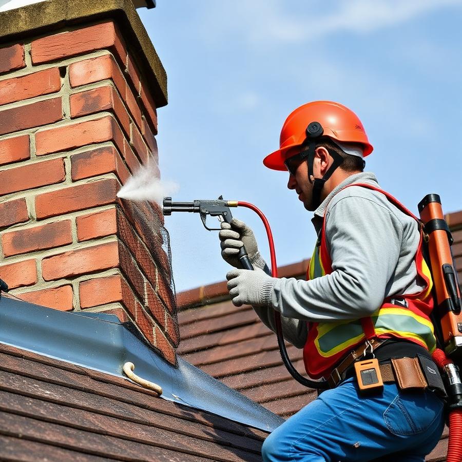 Technician applying waterproofing to a brick chimney