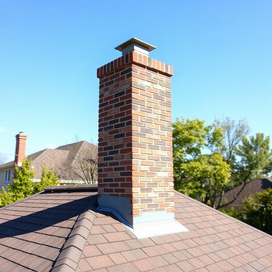 Rebuilt brick chimney on a suburban roof