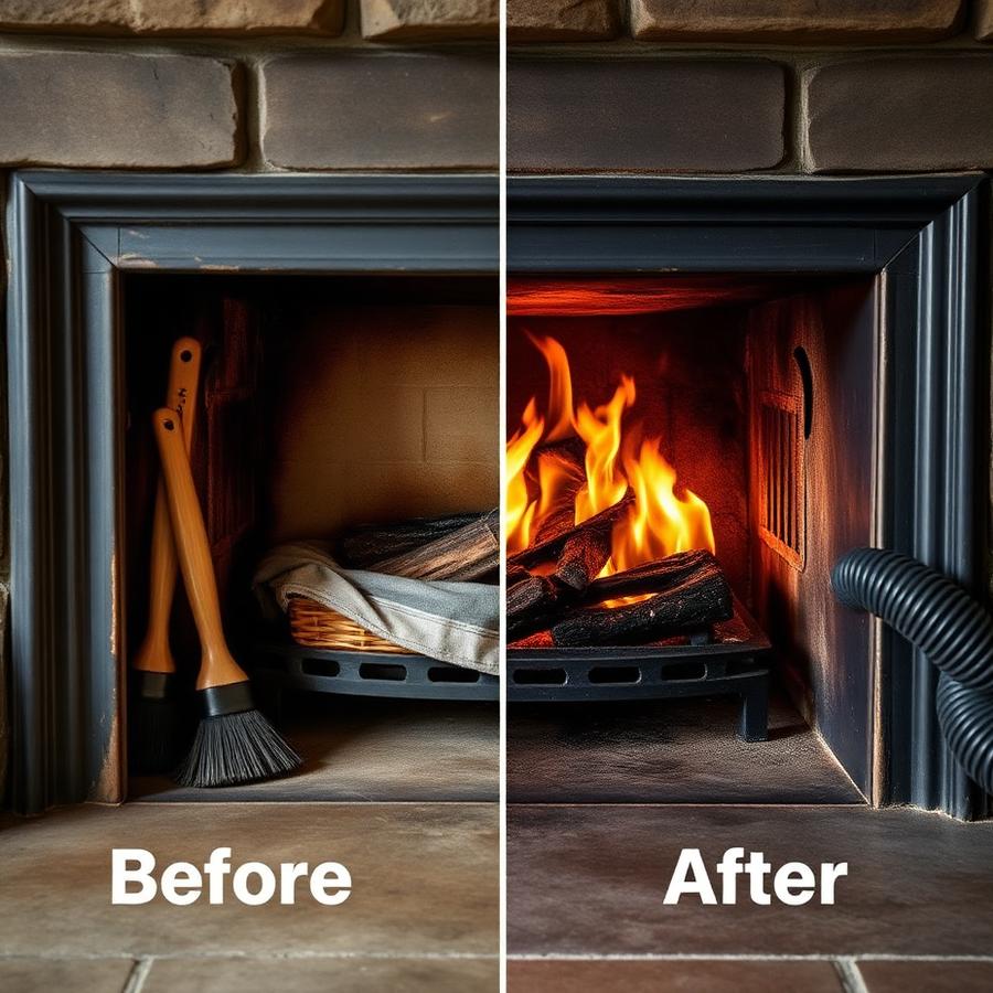 Fireplace firebox before and after cleaning