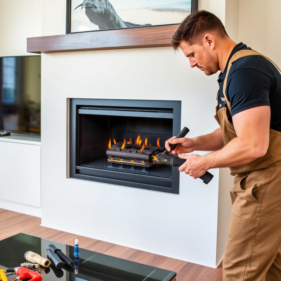 Gas fireplace being serviced by a technician