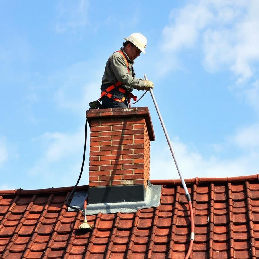 Chimney sweep working on a rooftop with sweeping rods