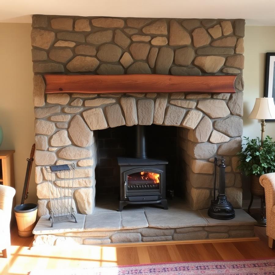 Stone fireplace and wood stove after service