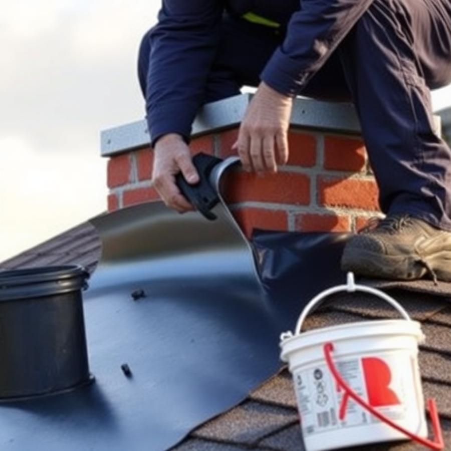 Chimney crown being sealed on a roof