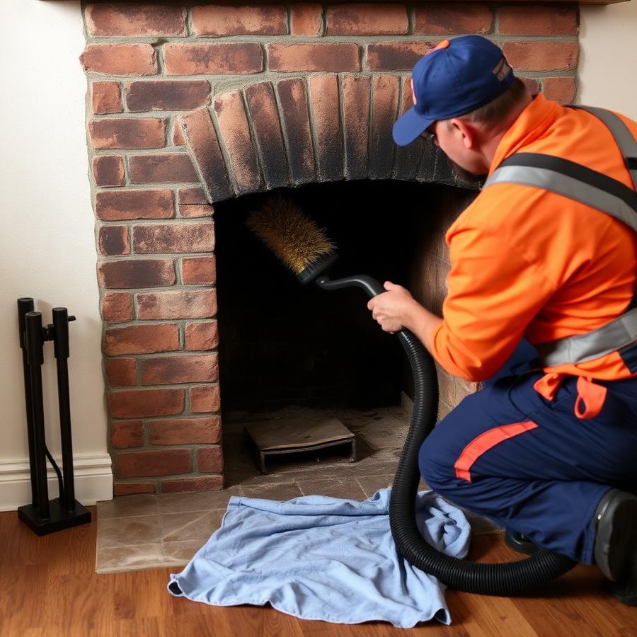 Technician sweeping a fireplace with a brush and vacuum
