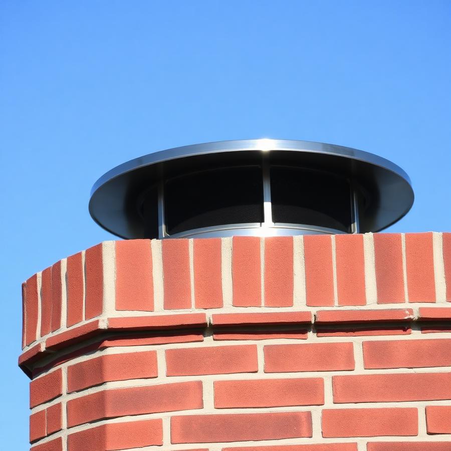 New stainless steel chimney cap installed on a brick chimney
