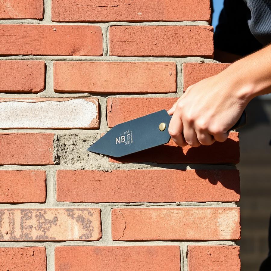 Mason repointing mortar joints on a brick chimney