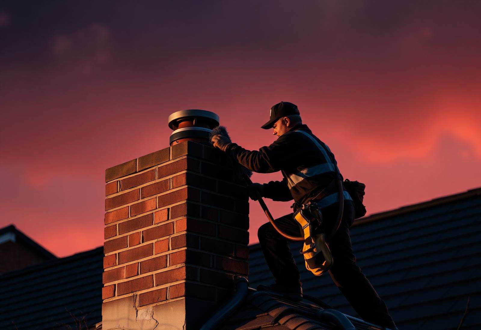 Chimney technician sweeping a brick chimney on a New Haven rooftop at dusk